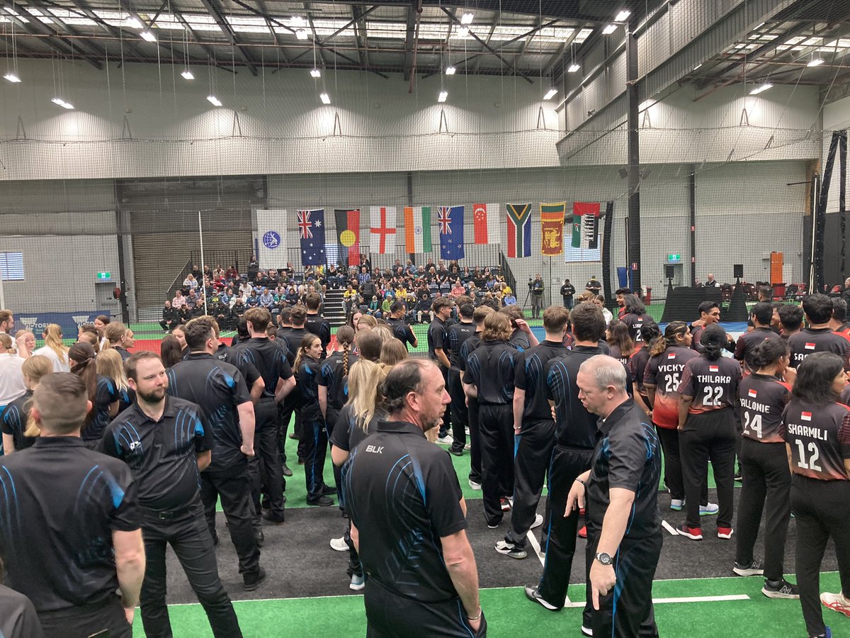 Opening ceremony done and dusted! Thanks <a href="/CA_Indoor/">Cricket Australia Indoor</a> for the welcome, now the fun begins… NZ Men v AU Men, 7pm AEST. Live broadcast on Cricket Australia YouTube channel outside of AU, <a href="/kayosports/">Kayo Sports</a> in AU.