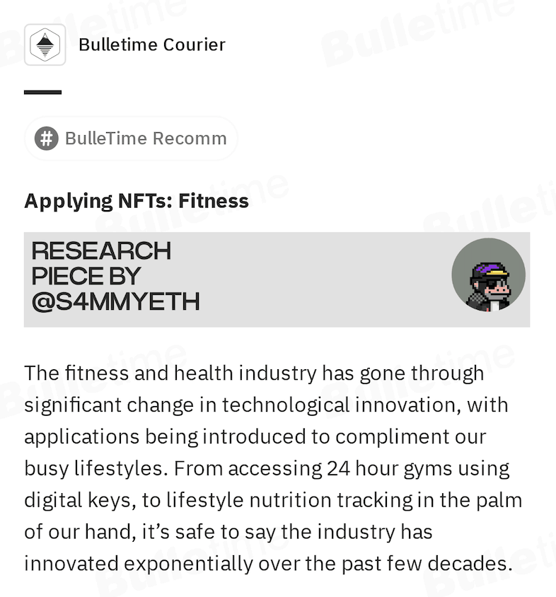 bulletimexyz's tweet photo. 🔔BulleTime Recommendations 🔔  
🥊💪Do you know how NFTs can be used in the fitness and health industry?
👀Check out this passage to discover it! 
🔗 https://t.co/xNUzphkyWt
#NFT #Fitness #UseNFT https://t.co/rE0QMRtJ5n