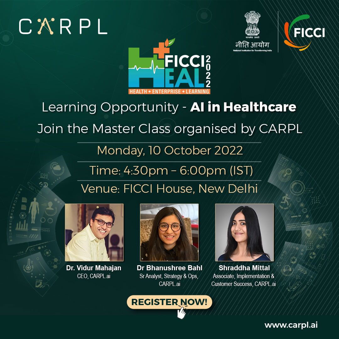 CARPLai's tweet photo. Are you looking to learn how #ArtificialIntelligence is impacting #healthcare?
Attend @CARPLai's upcoming Master Class on #HealthcareAI at the 16th edition of #FICCIHEAL scheduled on October 10, 2022, at 4:30 pm at FICCI House, New Delhi.
#AI #FICCIHealthServices #FICCI2022 https://t.co/PAVCLV2QPe