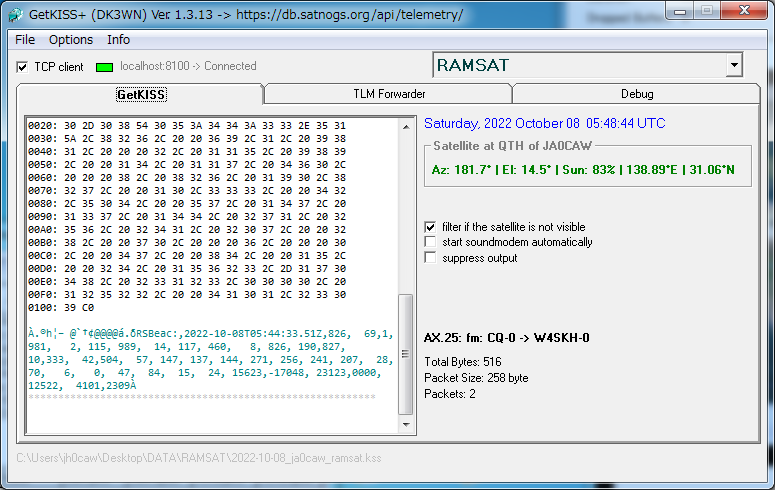 JA0CAW's tweet photo. RAMSAT 05:41 UTC 9K6 Telemetry interval 1min over Japan #ramsat #cubesats @SatNOGS
Elset Obj # Epoch Decay (Date)
1 98067SL 48850 22280.537070 22284.689854 (2022 October 11) https://t.co/gsyXJuxi1B