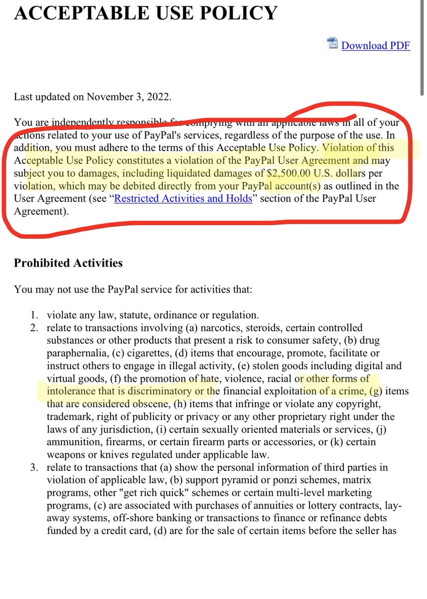 FollowYrOwnPath's tweet photo. @AxialEquatorial @DailyWireNews @rmack2x Just checked the legal notice they emailed yesterday. 

PayPal in its SOLE discretion can take $2,500 PER violation for anything at all that it views as “objectionable” or “unfit for publication”.

#DropPaypal https://t.co/7E7v2SCRNV