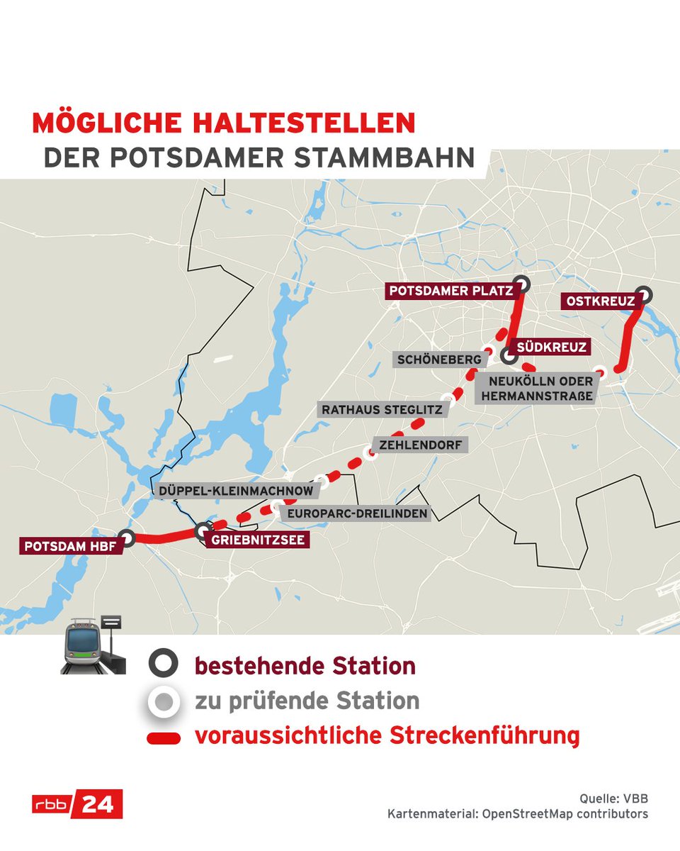 rbb24's tweet photo. Die Potsdamer #Stammbahn soll zurück ins #Regionalbahnnetz. Unsere Grafik zeigt, wo die neuen #Haltestellen entstehen könnten für die gerade die erste #Planungsphase, eine Art Machbarkeitsprüfung, läuft. #Potsdam #Brandenburg #PotsdamerStadtbahn https://t.co/m8STI9yeN7