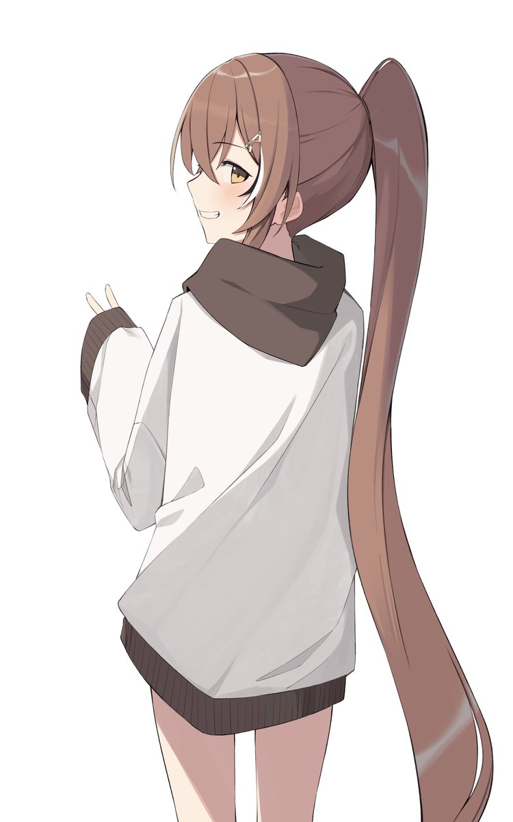 nanashi mumei 1girl brown hair long hair very long hair ponytail hood hoodie  illustration images