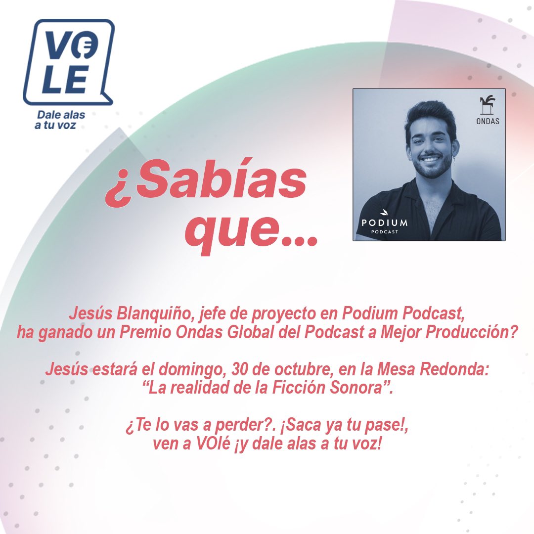 VOleCongreso's tweet photo. 🎧 @JesusBlanquino, Jefe de Proyectos de @PodiumPodcast, estará en VOlé el domingo, 30 de octubre, participando en la Mesa Redonda: "La realidad de la ficción sonora" junto a @ManuelBartual y @nikkigarcia_
🎟️ ¡¡No te quedes sin tu plaza‼️👉🏼 https://t.co/SoWaQ88hU3 https://t.co/VTBHH9aG1J