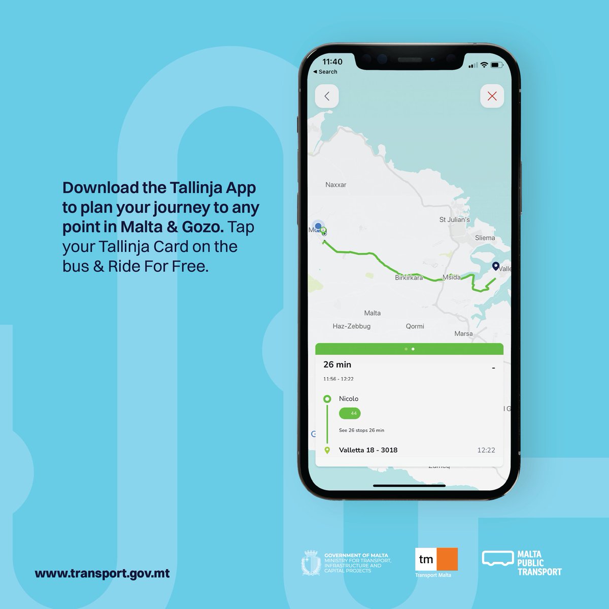 Download the Tallinja App to plan your journey efficiently to any point in
Malta &amp; Gozo 📱
To board the bus, passengers are required to tap their personalised
Tallinja Card with the ticket machine every time they get on the bus