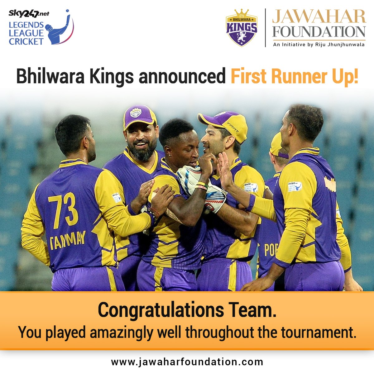 jwr_foundation's tweet photo. Thank You #BhilwaraKings for supporting Jawahar Foundation and its causes. 

It was a rather impactful and beautiful journey over the last three weeks. 

#firstrunnerup #legendsleaguecricket #bossgame https://t.co/7cDlrI58Ry