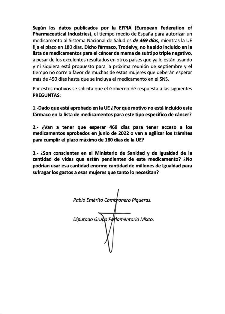 🔴 HILO. Confieso que me he quedado helado con esta respuesta. Pregunté por la introducción en el Sistema Nacional de Salud de un medicamento eficaz para el cáncer de mama metastásico. Me contestan que es demasiado caro, que no nos lo podemos permitir. 1/2