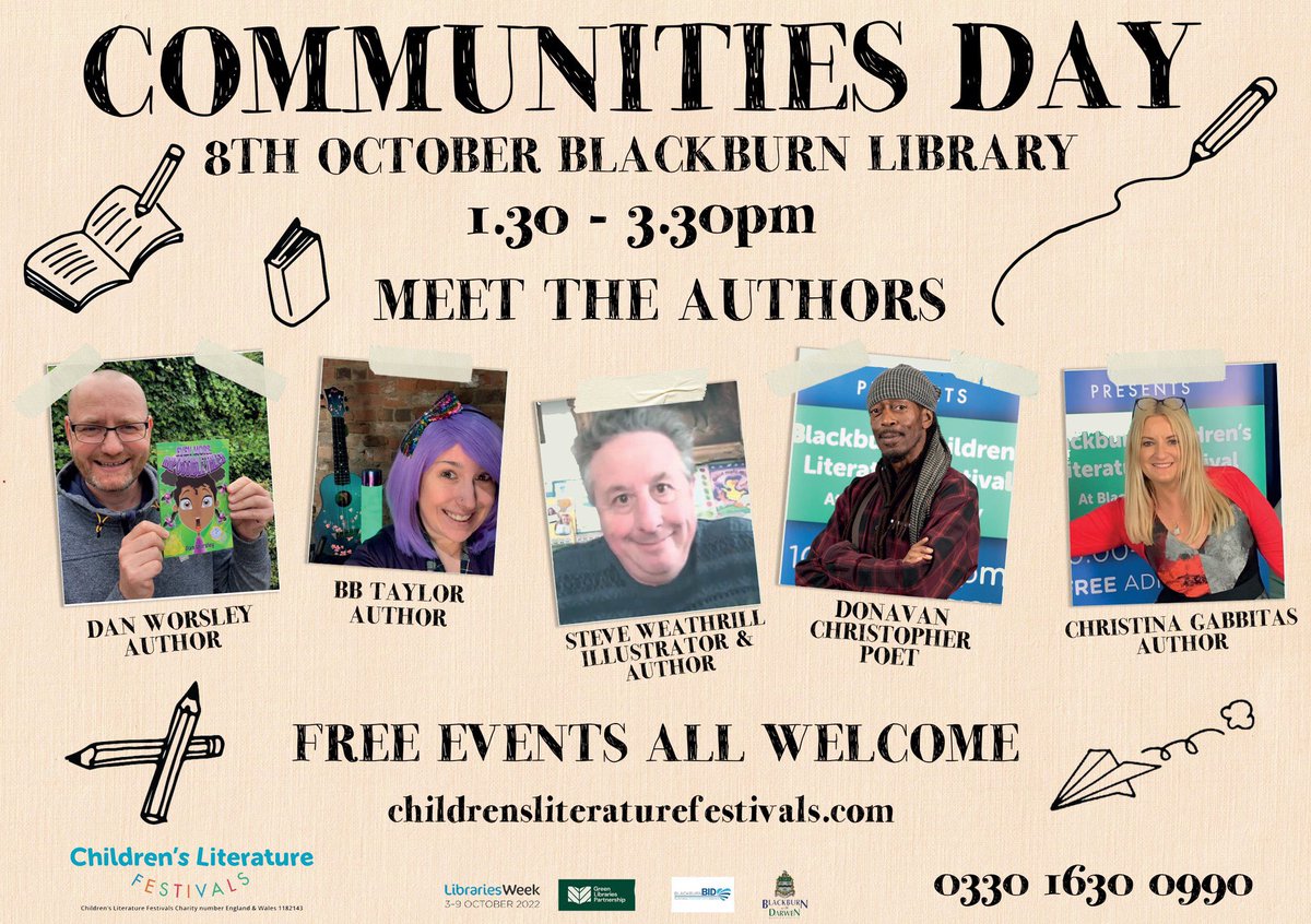 Excited about meeting lots of families today.
#Darwen Library 10am - 12pm
#Blackburn Library 1:30pm - 3:30pm 
A great end to a fantastic week of literary events. <a href="/ChildrensLFests/">Children’sLiteratureFestivals</a> <a href="/BwDLibraries/">BwDLibraries</a> <a href="/blackburndarwen/">Blackburn with Darwen Council</a> 📚✍️👍👏🤩