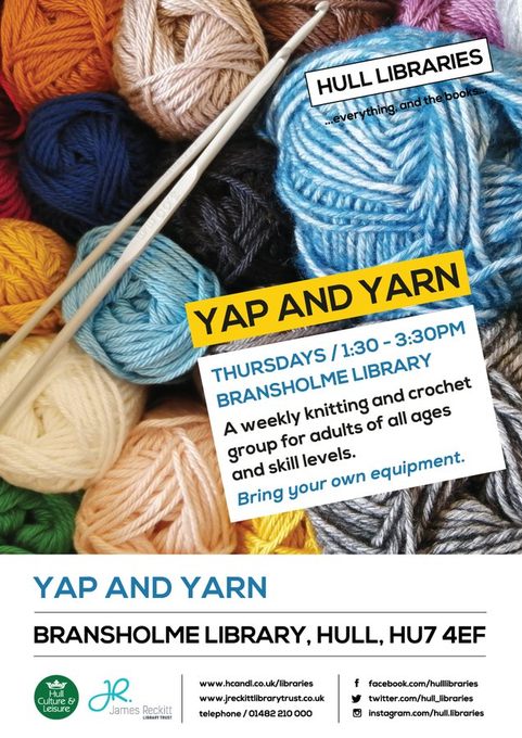 hull_libraries's tweet photo. News for Yappers &amp; Yarners!
From next week there will be another session on a Thursday morning from 10.30-12.30pm for those of you who can't get along in the afternoon. https://t.co/blUQepWlOv