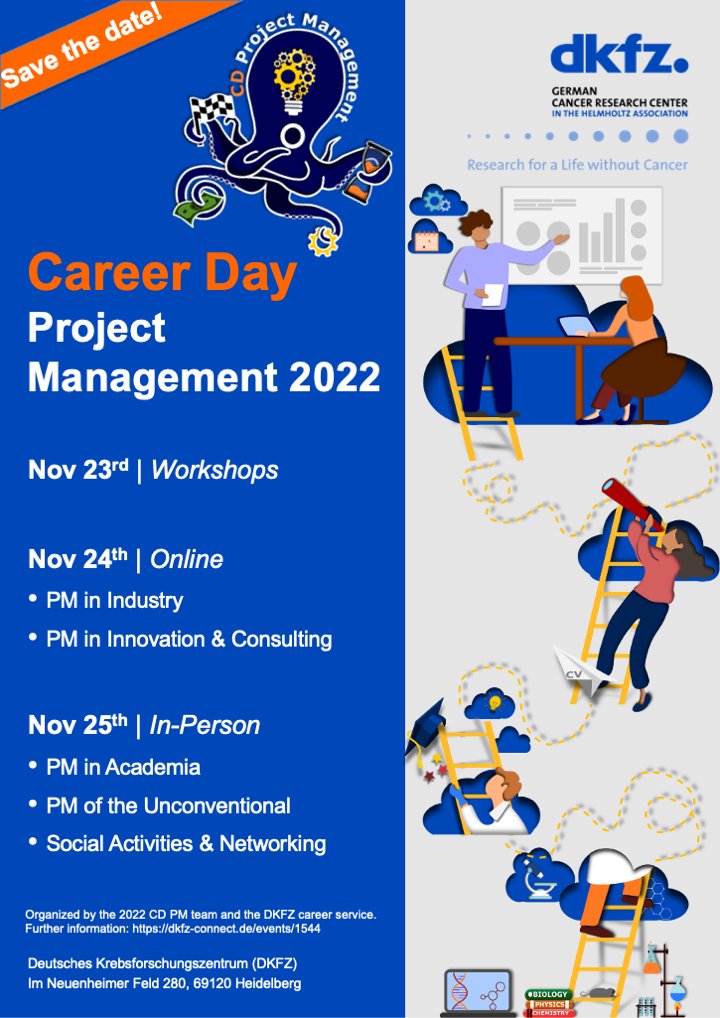 CdDkfz's tweet photo. SAVE THE DATE! Are you ready for a brand new edition of #CareerDay #ProjectManagement? We're putting together the coolest 3-day program you will not want to miss! More details to follow soon. We look forward to seeing you all on Nov 23-25, 2022 for #CDPM2022 /ok https://t.co/jOzPBYEuoj