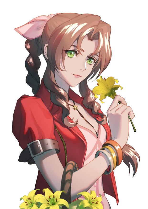 aerith gainsborough 1girl solo flower green eyes red jacket brown hair jacket  illustration images