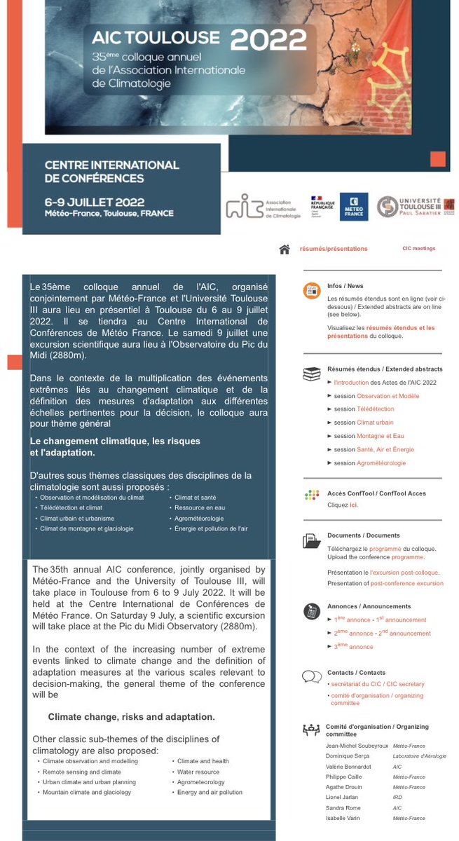 📍 Les résumés étendus et les présentations du 35eme colloque de l’AIC #changement climatique #risques #adaptation qui s’est tenu au #CIC #Toulouse sont maintenant accessibles sur le site du colloque ↘️ meteo.fr/cic/meetings/2… Merci à Philippe Caille !@meteofrance