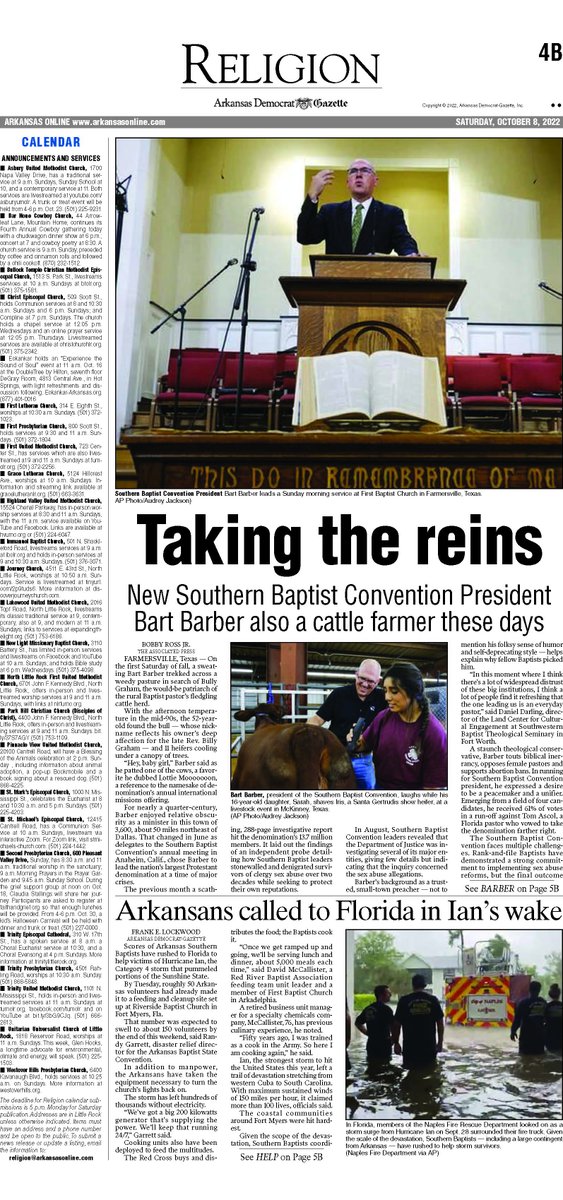 My <a href="/AP/">The Associated Press</a> profile of <a href="/bartbarber/">Bart Barber</a> is the lead story in today's Religion section of the Arkansas Democrat-Gazette (home state of Barber and photographer <a href="/Travelers_Lane/">Audrey Jackson</a>). 

Thank you, <a href="/LockwoodFrank/">Frank Lockwood</a>! arkansasonline.com/news/2022/oct/…