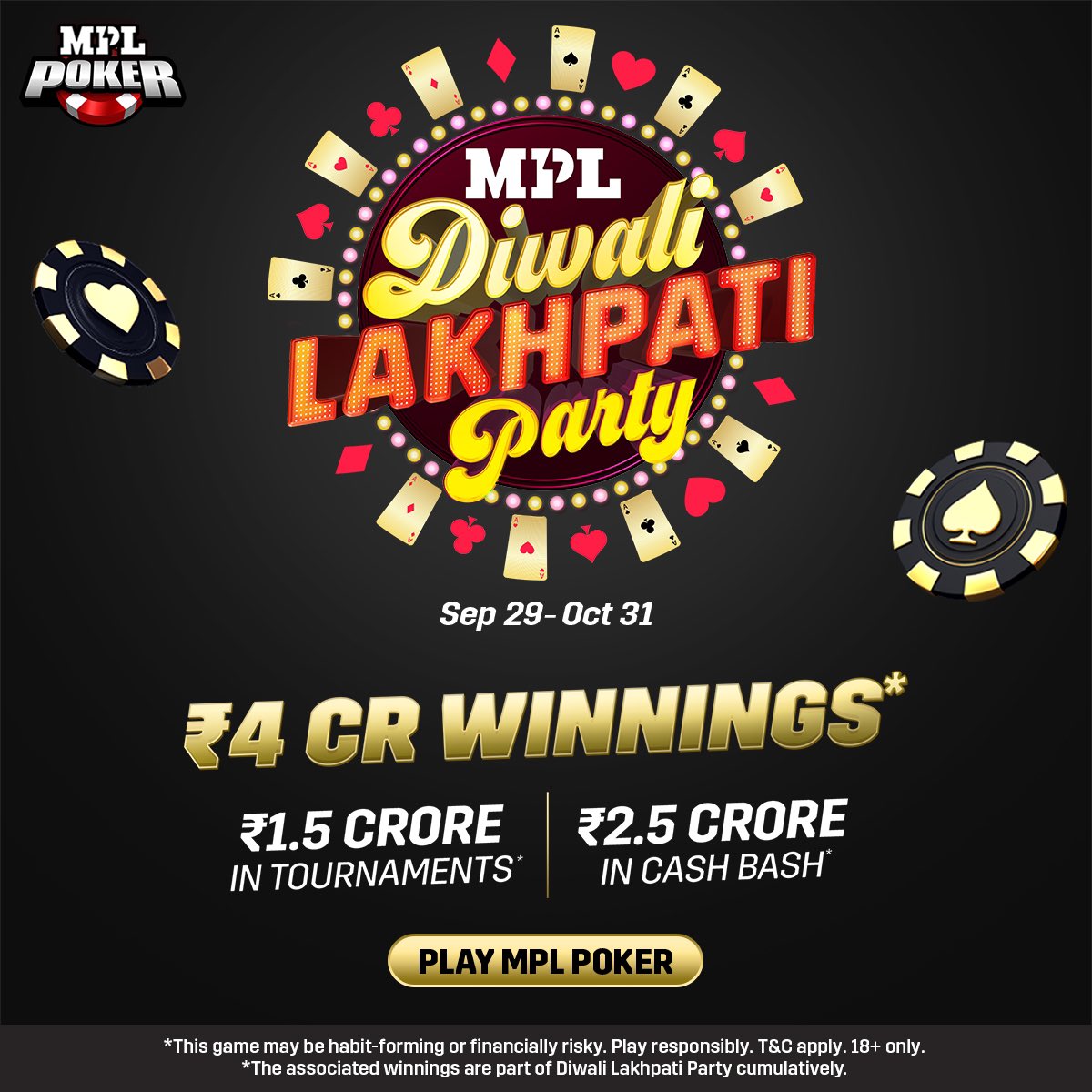 mpl_poker's tweet photo. Ye hai Poker meri jaan, jahan milenge 4Cr tak ke inaam. Khelo Poker on the Diwali Lakhpati Party aur ban jao crorepati. Kahan? #MPLaurKahan
Use sign up code 'MPLOCT' and get bonuses up to 20,000. Download the MPL Pro app (Link in bio)
#MPL #MPLPro #DiwaliLakhpatiParty #MPLPoker https://t.co/rqosFCYyDV