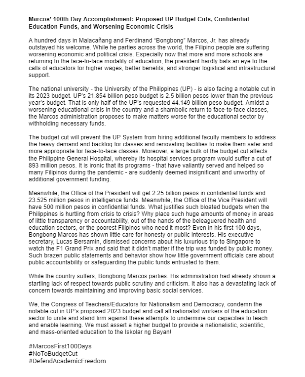 CONTEND_UP's tweet photo. We call all nationalist workers of the education sector to stand firm against these attempts to undermine our capacities to teach and enable learning. We must assert a higher budget to provide a nationalistic, scientific, and mass-oriented education!
#MarcosFirst100Days https://t.co/CByjQZJFEx