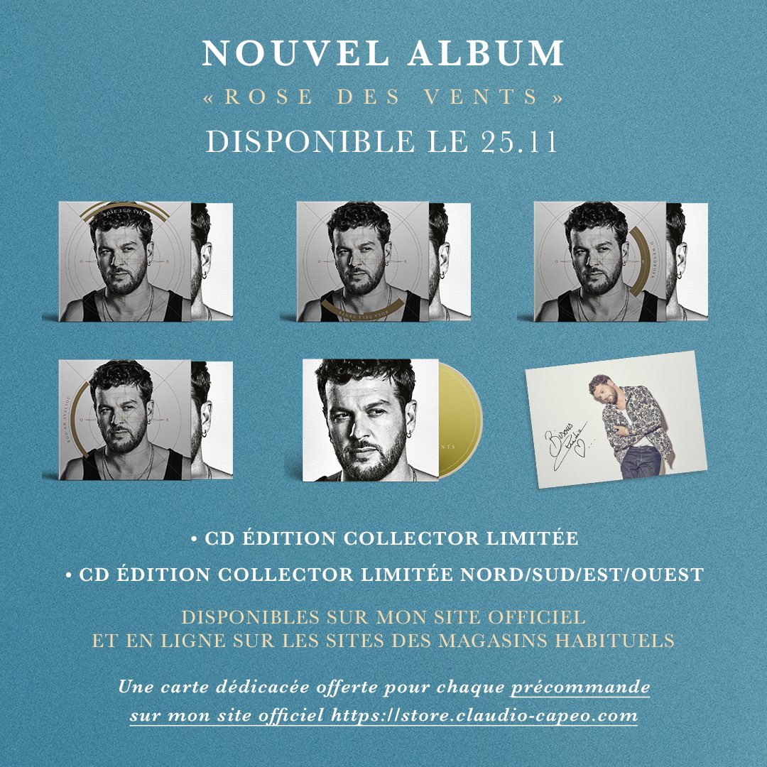 claudiocapeo's tweet photo. Notre nouvel album « Rose des vents » est déjà dispo en précommande !! Pour l'occasion, on vous a préparé plusieurs versions, au choix ! 😁
✍️🚨 Toutes les précommandes passées sur ma boutique officielle recevront en plus une carte dédicacée 😊 
📲 https://t.co/UKJJZrGNp7 https://t.co/1v0ak8dNxy