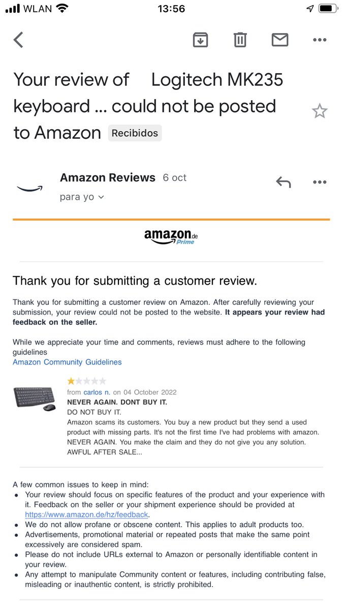 canapaa's tweet photo. @amazonDE no solo no me soluciona el problema con un producto. Sino que también no me deja hacer una mala puntuación en la compra. https://t.co/pPFteEi5QG