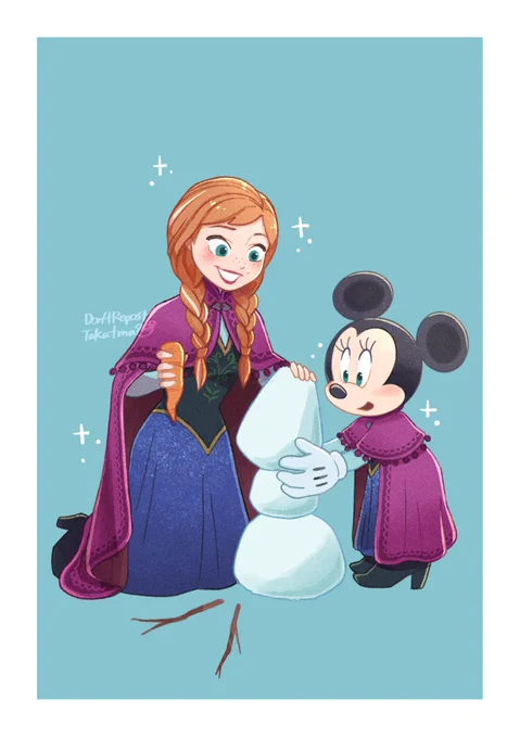 ミニー×アナミニー:お姉さんを探しに冒険ね〜、子供の時はよく雪だるまを一緒に作ったりしたの?お姉さん大好きなのね。 