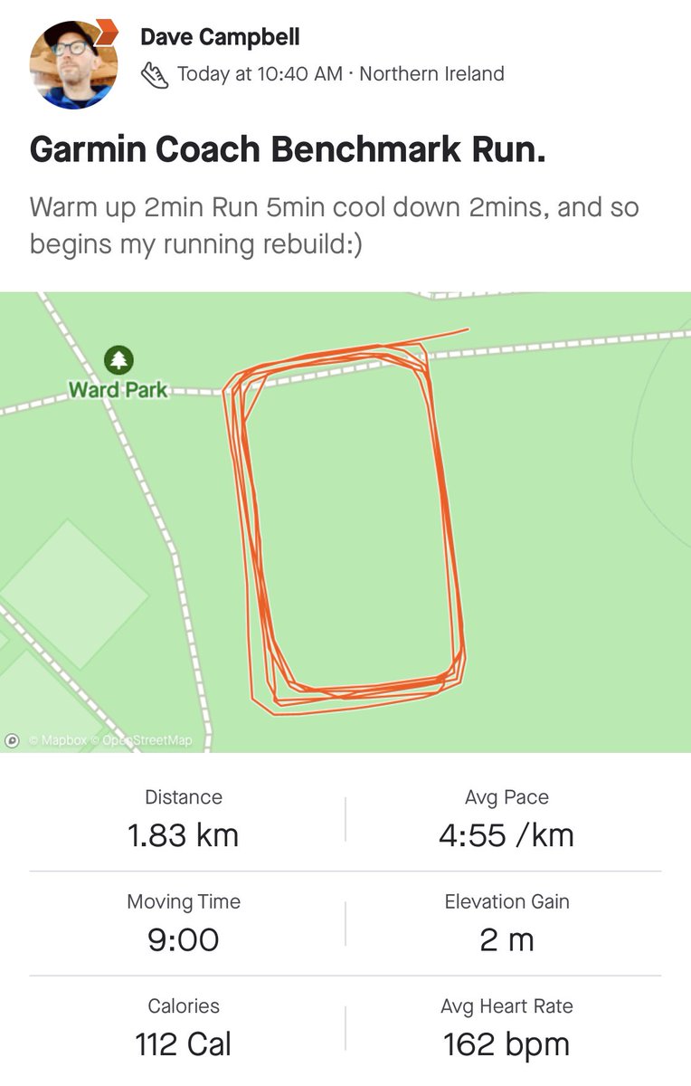 Davedee109's tweet photo. First run in 3 weeks, @Garmin Coach easing me back into running after injury. @hoka  @GarminUK @Karrimor @OranKane @runnin_matt @runningchannel @great2run @Strava #Mindset #unstoppable #attitude https://t.co/VkRQMLNEQ3