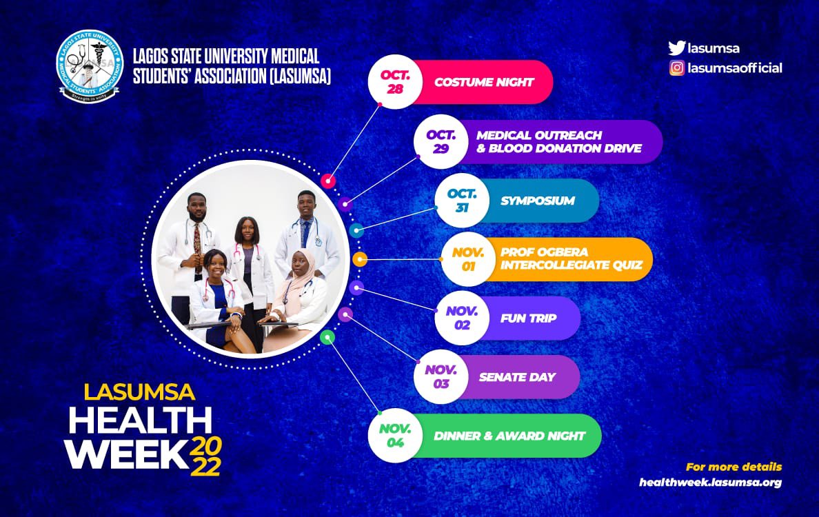 lasumsa's tweet photo. LASUMSA HEALTH WEEK 2022 IS HERE 🔥🔥🔥

A WEEK LONG EVENT PACKED WITH EXCITING EVENT YOU DONT WANT TO MISS😎😎😎….

WATCH THIS SPACE🤭🤭🤭

#continuity4excellence 
#lasumsahealthweek’22
#LHW’22 https://t.co/RhiWbzVcHf