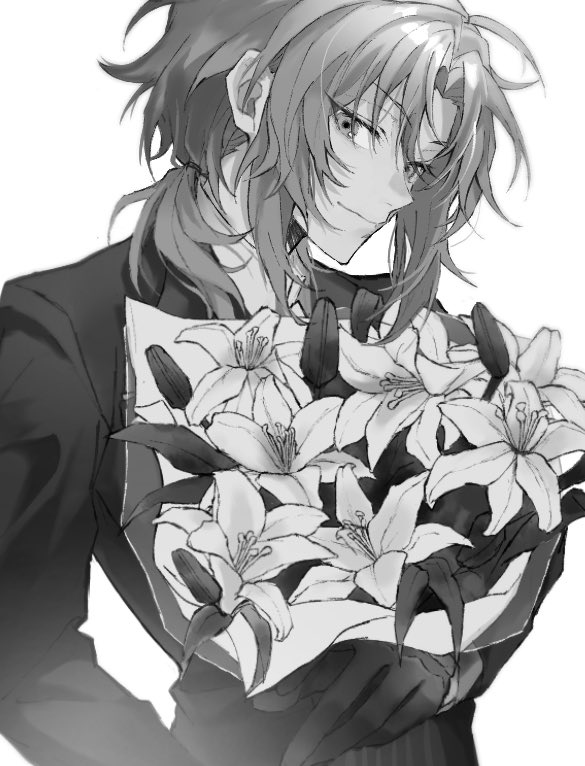 greyscale monochrome male focus 1boy solo flower looking at viewer  illustration images