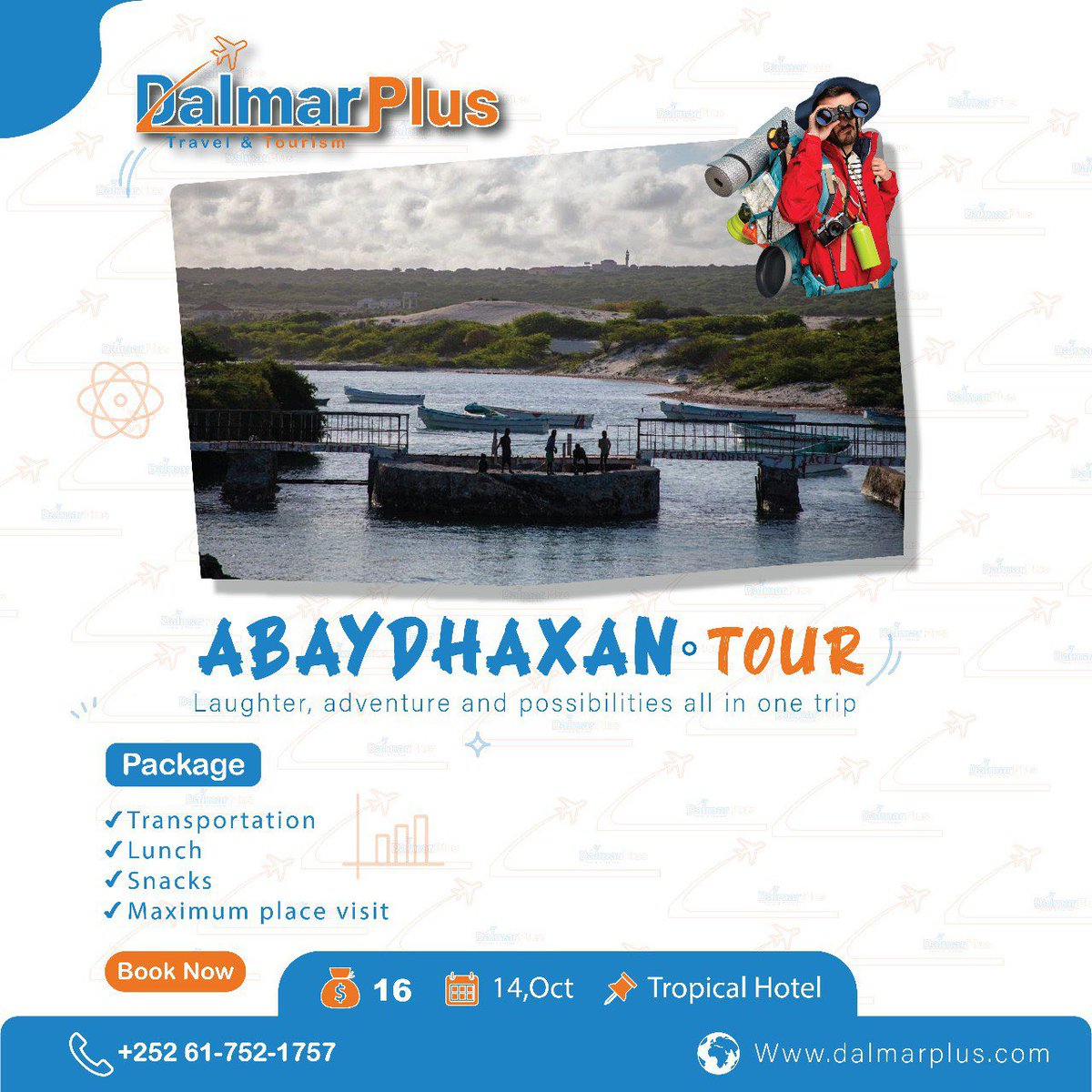 dalmarplus's tweet photo. 14,Oct maalinta Jimcaha ah macmiil waxaa ku diyaarinay xirmo Safar dalxiis oo degaanka ABAYDHAXAN ah.

Tikitka waxaa ka jarankartaa Xarunta Xafeeskena  oo ku taala,kasoo horjeedka Hargaha iyo Saamaha agagaarka Sobe
WhatsApp+25261 7521757 

#dalmarplus #dalxiis #abaydhaxan #tour https://t.co/dv07pyoHI7