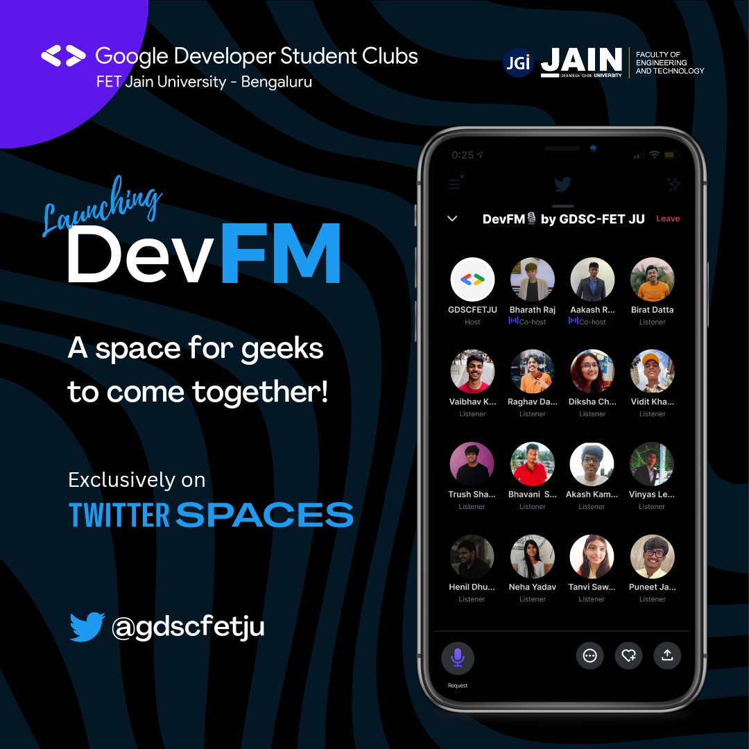 gdscfetju's tweet photo. We are excited to announce the launch of #DevFM! 🎙️
✨ A #TwitterSpace co-hosted by Aakash Rajaraman and Bharath Raj, DevFM will be a lively forum for tech enthusiasts to interact with one another and learn from experts. https://t.co/Zxty7wGoyw