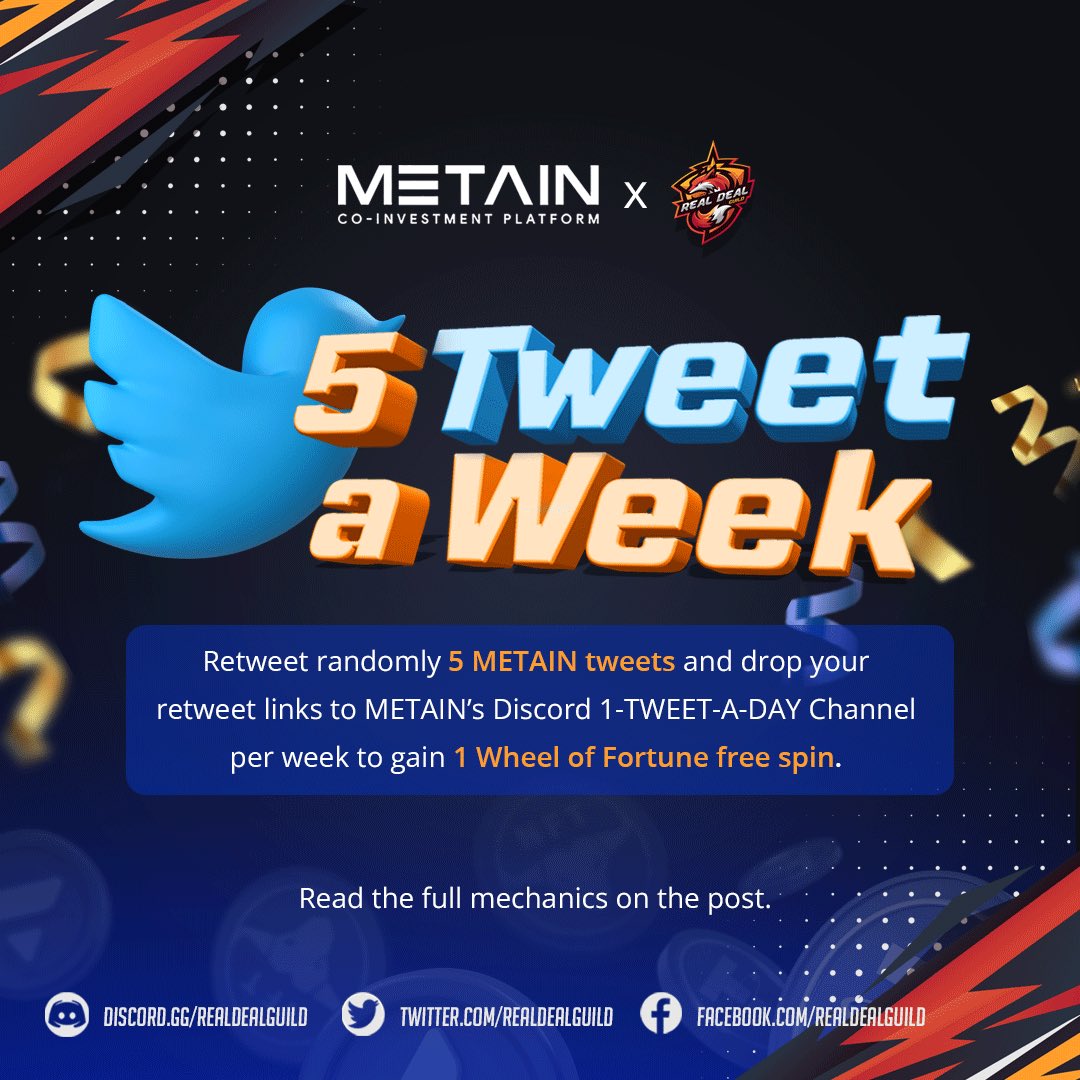 realdealguild's tweet image. Metain, a platform you can trust to secure your assets, has a surprise for you, everyone!

Just retweet a minimum of 5 Metain tweets a week using the #METAIN, drop the links on their respective Discord channel, and gain 1 Wheel of Fortune spin. 🔮

You may start now! 💪