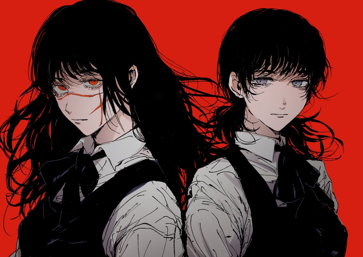 multiple girls 2girls red background black hair scar scar on face simple background  illustration images