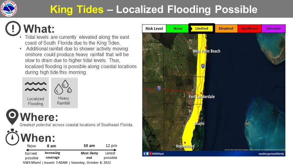 CityofMiamiFire's tweet photo. We are monitoring Tidal levels that are currently elevated along the eastern coast of South Florida due to King Tides. As shower activity increases in coverage and moves onshore along the east coast this morning, heavy rainfall could be slow to drain. #flwx #DEM #MiamiFire https://t.co/62bIMUUJzD