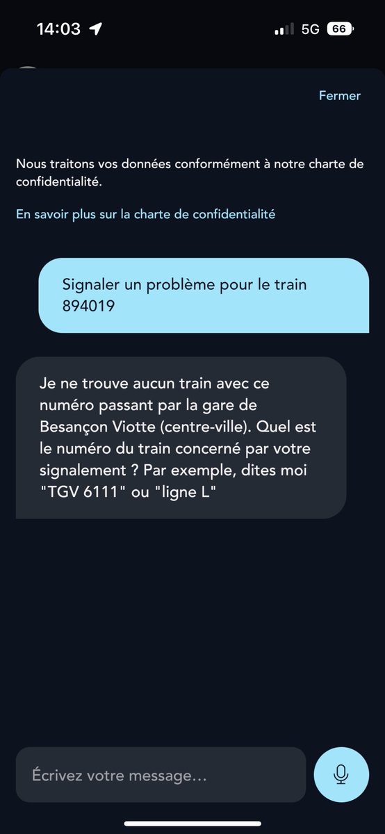 basil_pgt's tweet photo. @SNCF @SNCFConnect @GroupeSNCF Des explications quand à l’absence du TER 894019 à destination de Belfort en gare de Besançon Viotte ? Votre application ne connaît même pas ce train. Il était censé partir à 13h32, hors il n’était pas là… https://t.co/aRA8WDfyL6