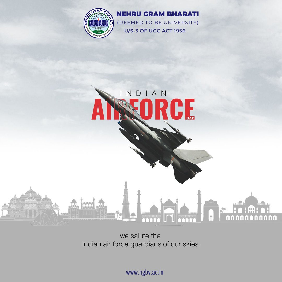 NehruGram's tweet photo. On this #IndianAirForceDay, salutes to the glorious warriors of the sky, our Airforce, for keeping our skies and country safe with their valour, commitment &amp; courage! Hats off to your patriotic spirit. 🇮🇳#airforceday2022

#nehrugrambharatiuniversity #nehrugrambharati #university https://t.co/GfWYeqRUUi