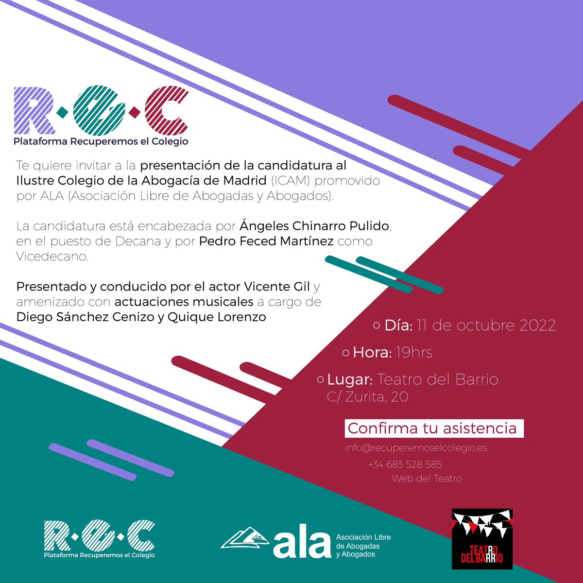 RecAbogacia's tweet photo. Te invitamos al acto de presentación de la candidatura de @AlaAbog, @Abogados_as y ALTMA en @teatrobarrio (11/Oct - 19h)
 
Acreditaciones: info@recuperemoselcolegio.es o tfno 34683528585.
Entrada libre hasta completar aforo el mismo día #RecuperemosElColegio
#AbogacíaComprometida https://t.co/60Fhs88K2W
