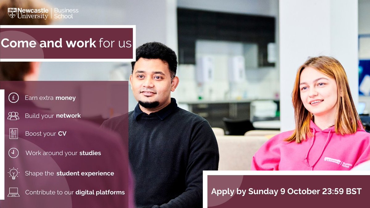 There is only 1 day left to apply to work with us. This is a paid role and all Business School students are welcome to apply. Application deadline: Sunday 9 October 23.59 Find out more about the roles we have on offer and apply: bit.ly/3dhHV04