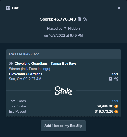 ALERT: New high roller bet posted!
A bet has been placed for $9,986.00 on Cleveland Guardians - Tampa Bay Rays to win $19,073.26.
To view this bet or copy it https://t.co/JhD1vZ9cGK https://t.co/RzGn9FbvBV