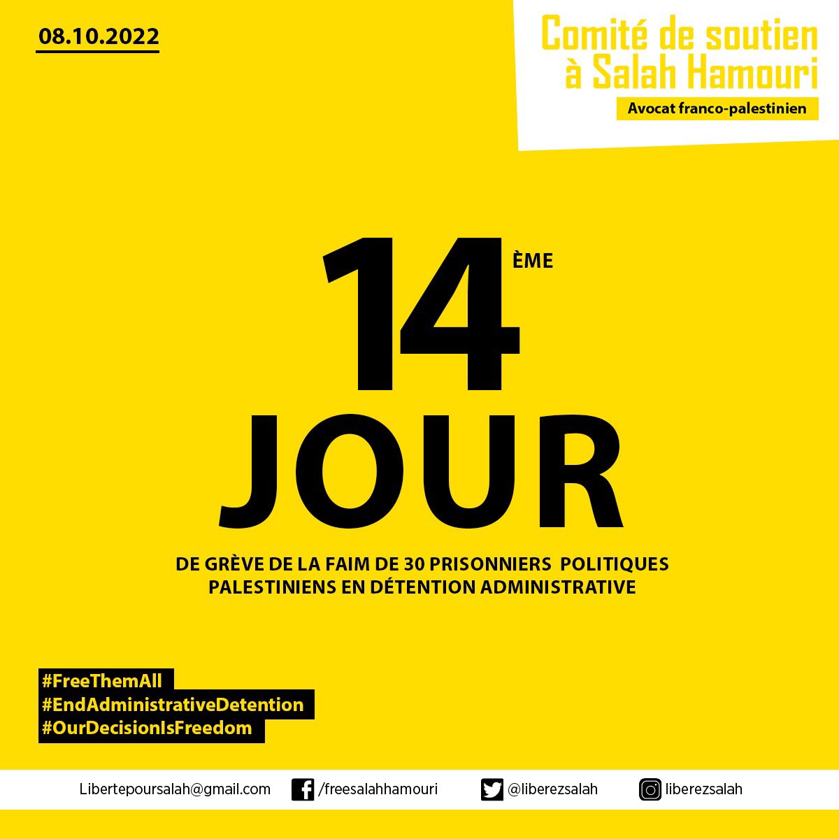 LiberezSalah's tweet photo. Depuis 1️⃣4️⃣ jours, 30 prisonniers politiques palestiniens en détention administrative sont en grève de la faim dont l’avocat franco-palestinien Salah Hamouri.

#LiberezSalah #FreeThemAll https://t.co/Vnl6QZ9Z3T