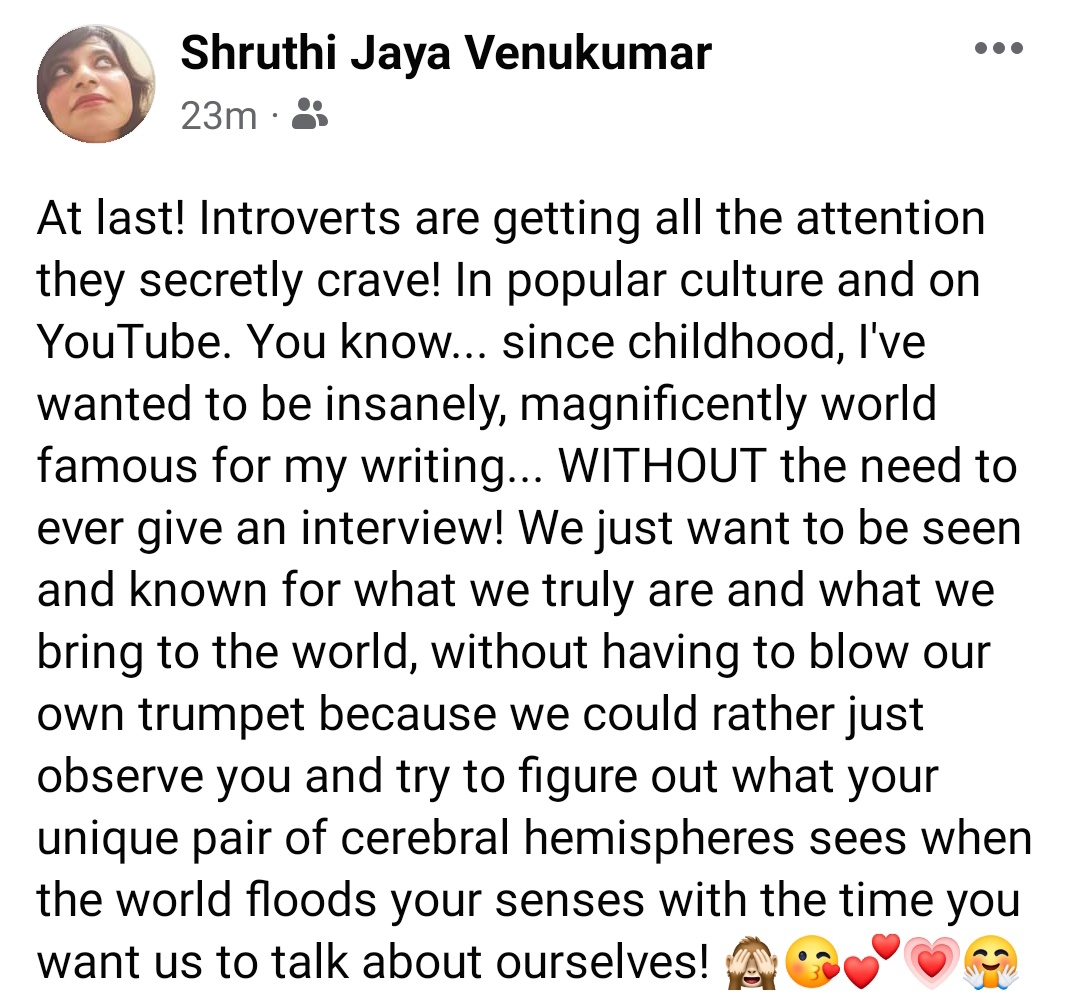 ShruthiDeScribe's tweet photo. #introvert #introverts #love #life #Writers #writerslife #fiction #personality https://t.co/o8WhzUpKLz