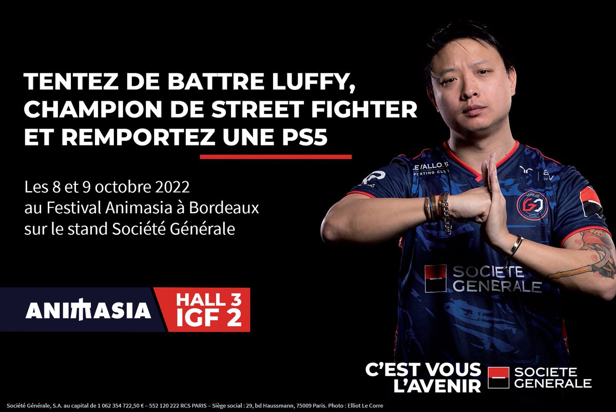 C'est parti pour <a href="/Fest_Animasia/">Festival Animasia</a> ce week-end au Parc des Expositions de Bordeaux <a href="/SocieteGenerale/">Societe Generale Group</a> vous donne rendez-vous sur son stand pour tenter votre chance de gagner une PS5 en battant <a href="/Louffy086/">Olivier Hay</a> sur #StreetFigther cc <a href="/IndieGameF/">Indie Game Factory</a> <a href="/SGesport/">Société Générale Esport</a>