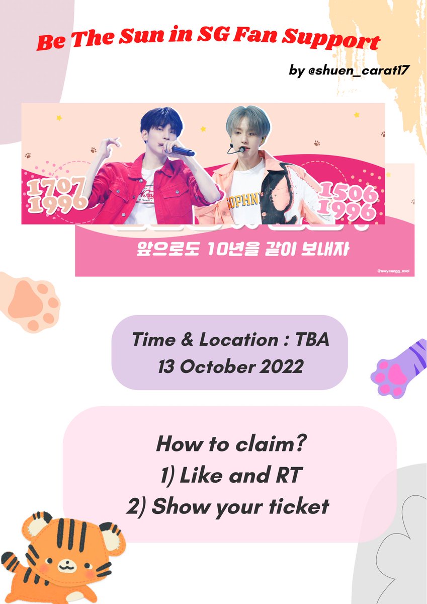 shuen_carat17's tweet photo. 🐱 Be The Sun in Singapore Fan Support 🐯

📍Singapore Indoor Stadium
📅 October 13, 2022
🕐 TBA
‼️ Like and RT, FCFS and show me your ticket

DM for any trade enquiries (selective)

#BETHESUNinSG #SEVENTEEN #WONWOO #HOSHI https://t.co/t5sXAlQq8U
