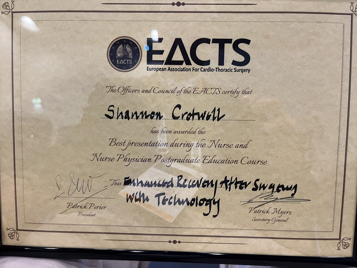 Perfect_Care_'s tweet photo. Shannon Crotwell wins best presentation “Enhanced Recovery After Surgery with Technology”! @EACTS @pomyers @ERASCardiac @ErasSociety @AtriumHealth @DukeEndowment @theSHVI @cariumcares #perfectcare #quality #EACTS2022 #ERASC 🇺🇸 🇮🇹 🌎 https://t.co/SyIRsiuTh5