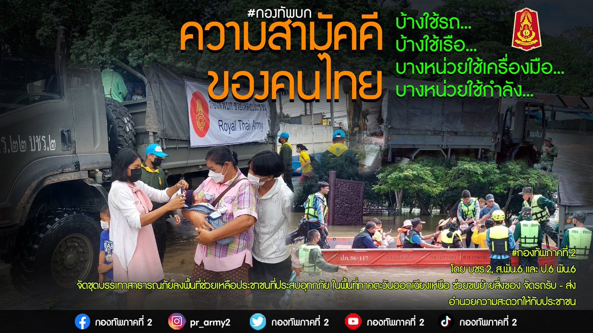 ascom2army2's tweet image. ความสามัคคี ของคนไทย ที่ร่วมฟันฝ่าวิกฤตนี้ไปด้วยกัน

#กองทัพภาคที่2
โดย บชร.2 จัดชุดบรรเทาสาธารณภัยลงพื้นที่ช่วยเหลือประชาชนที่ประสบอุทกภัย ในพื้นที่ภาคตะวันออกเฉียงเหนือ ช่วยขนย้ายสิ่งของ จัดรถรับ - ส่ง อำนวยความสะดวกให้กับประชาชน
#กองบัญชาการช่วยรบที่2