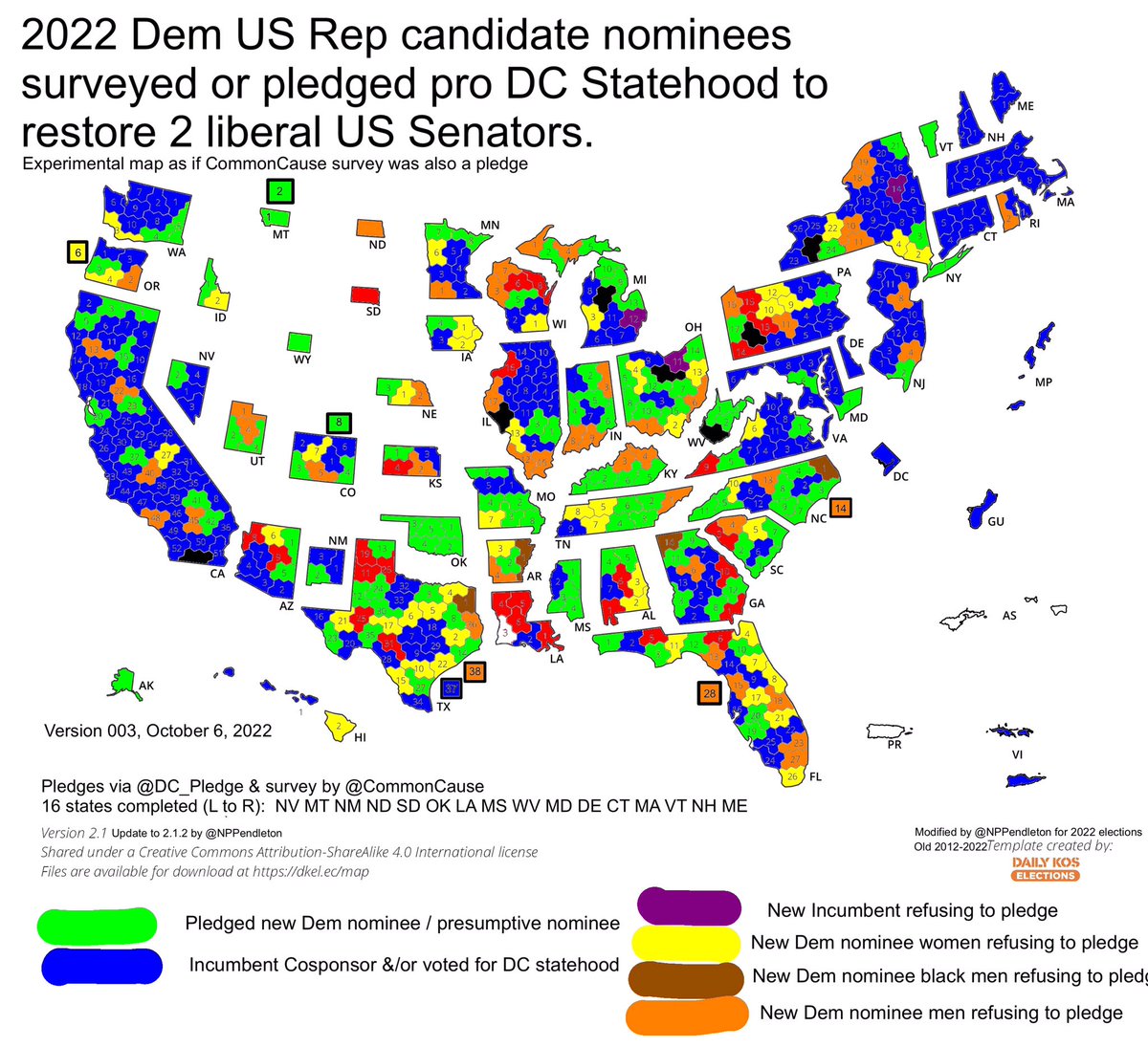 V4DC2's tweet photo. Updated: Experimental map V003 combining all pro #DCstatehood from 1) cosponsors, voted for, @DC_Pledge pledges, & 2) @CommonCause survey pro #DCstatehood.
Worst Dem refusers:
Dem districts? #NY10 #NJ08 #HI02 #KY03 #PA12 #NC14.
GOP districts? #TN01 #TX01 #OH02 #IL12 #GA14 #AR01. https://t.co/lP8YkrEs7d