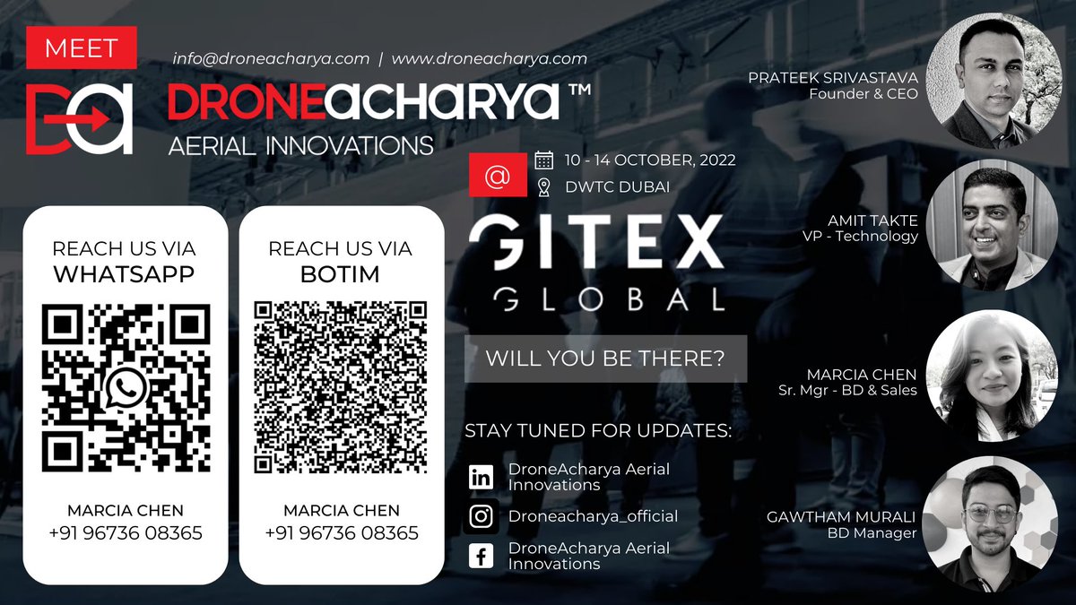 DroneAcharyaIN's tweet photo. We're excited to announce that the #DroneAcharya will be at @GITEX_GLOBAL from 10th to 14th of October, 2022 in Dubai. Connect with us on WhatsApp and BOTIM at +91 96736 08365 and meet us there in person!

#drones #Conference #GITEXGLOBAL #gitex #dubai https://t.co/qPozFombuY