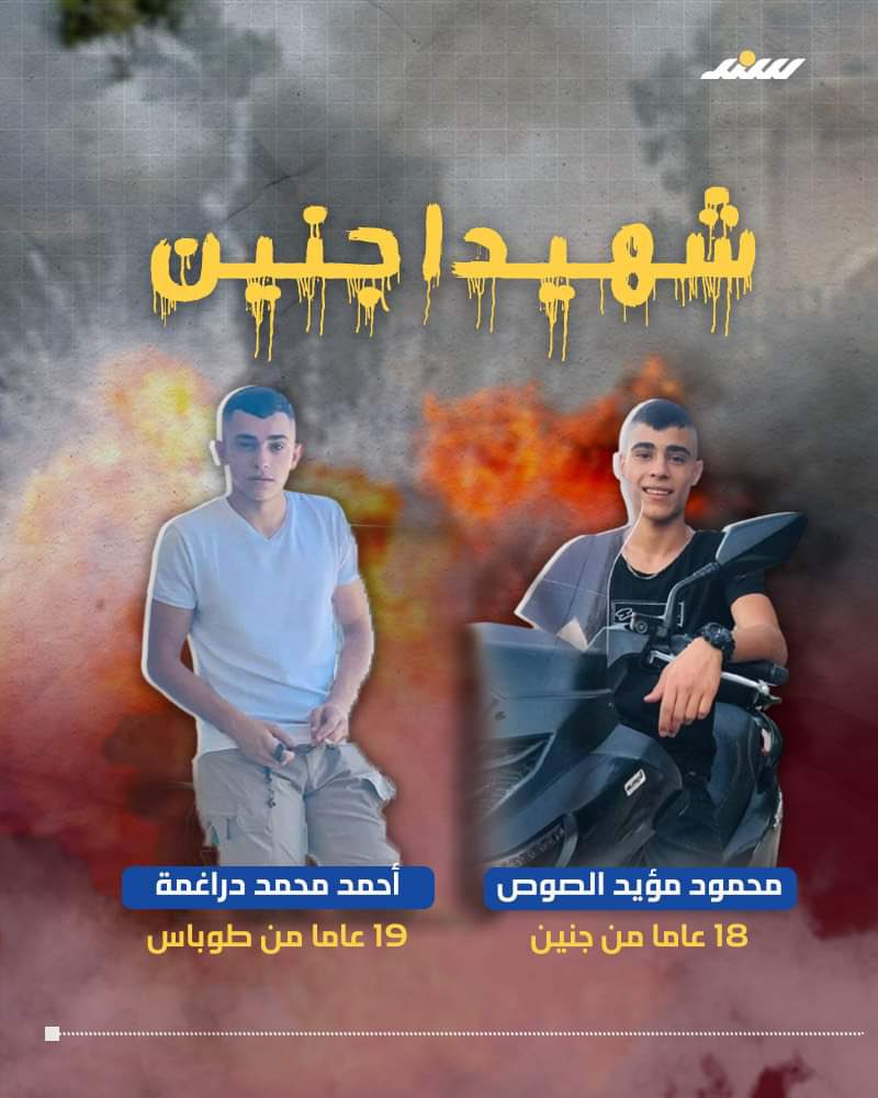 DrHananAshrawi's tweet photo. Ahmad Daraghmeh &amp; Mahmoud al-Sous, both 26 years young, were killed by Israel’s inhuman occupation army this morning in Jenin. Stop #IsraeliCrimes. Save our children. #FreePalestine https://t.co/guMhRvW6eB