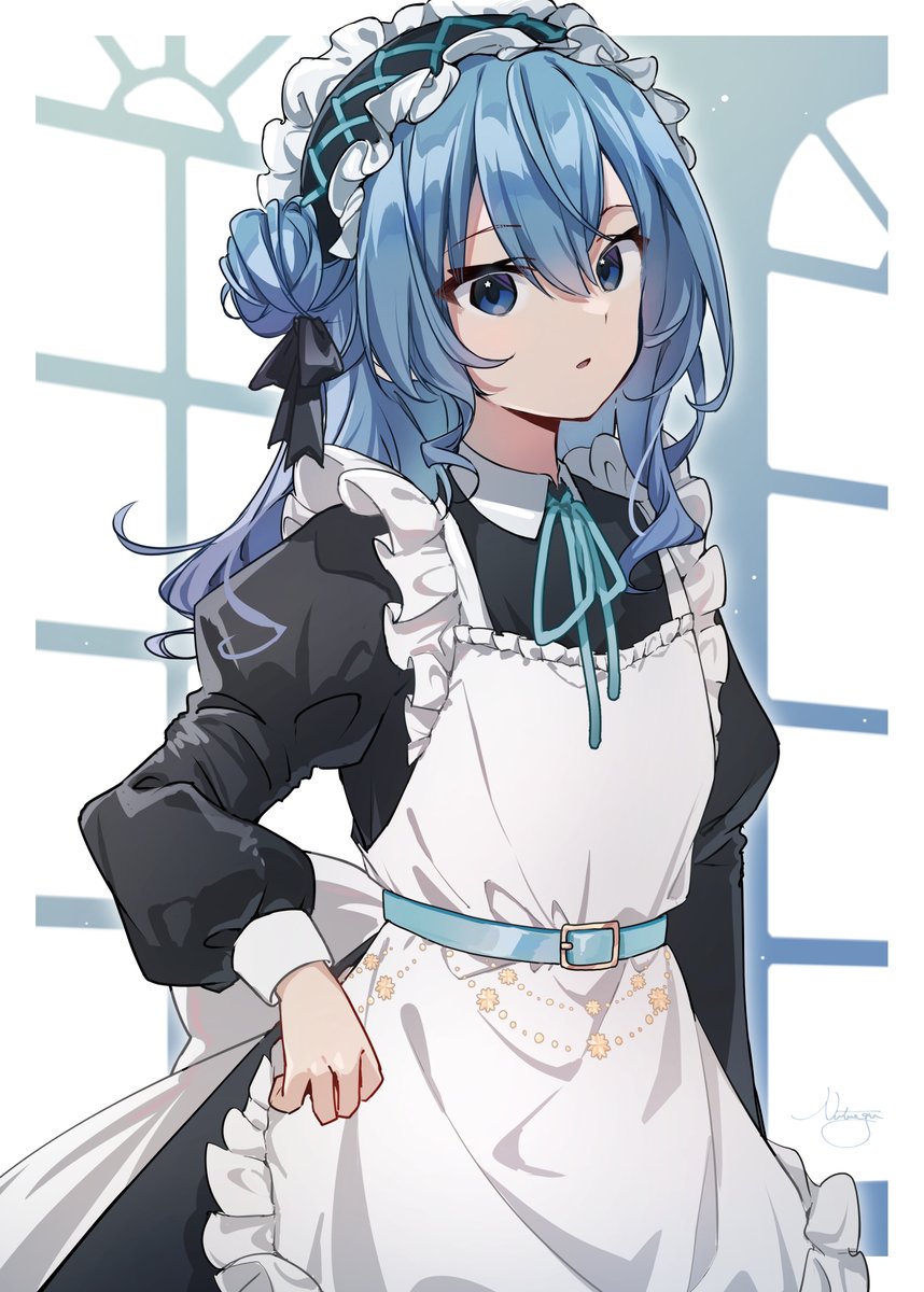 hoshimachi suisei 1girl solo maid apron blue hair blue eyes maid headdress  illustration images