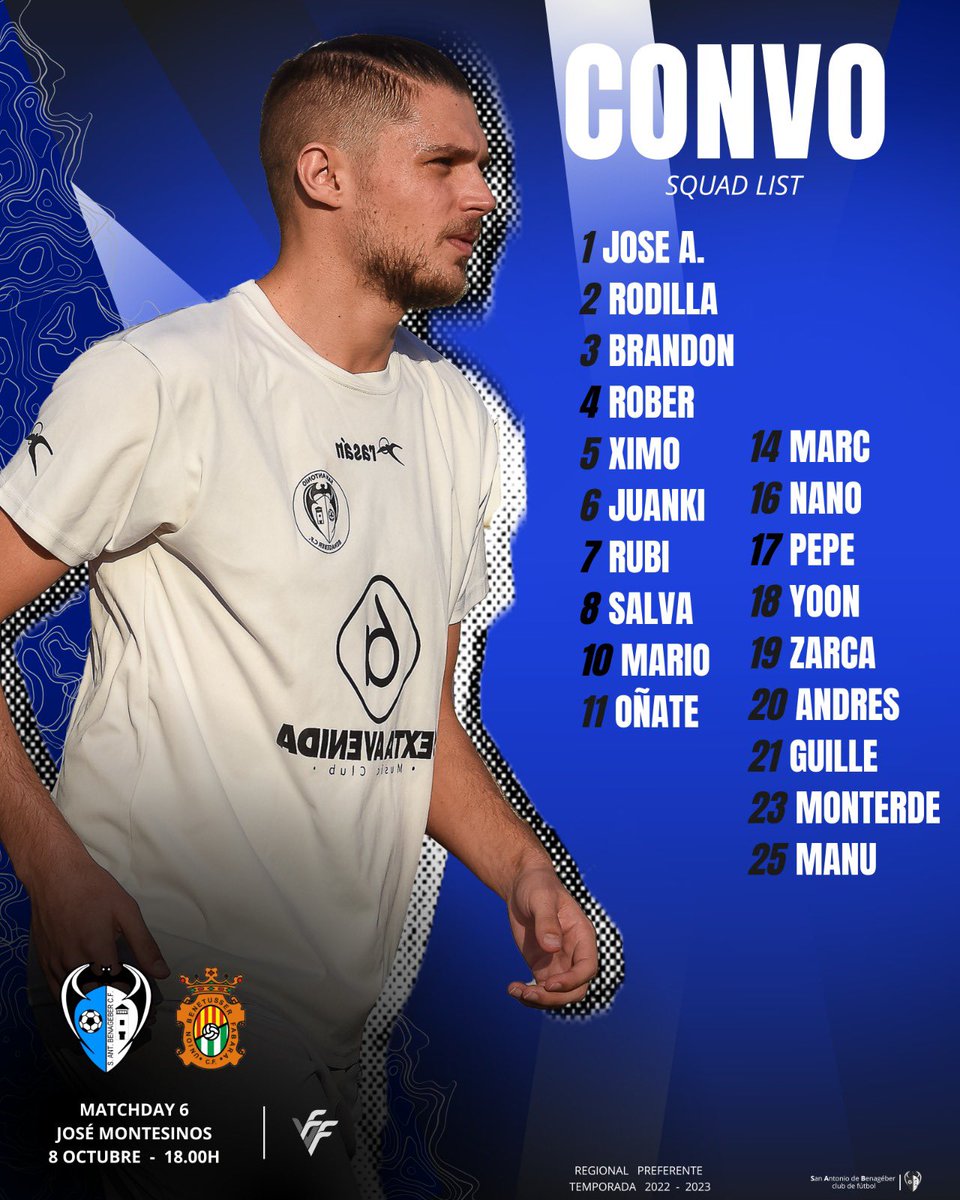 SABCF1984's tweet photo. Convocatoria | Squad List ⚽️

Jornada 6!! Estamos listos 🖤💙💪🏻
______
🤝🏼 Sponsors 
@tallerdelatapa 
@sextaavenida 

#SAB #VAMOSSAB #unpueblounailusion #SomDePreferent #SanAntonioDeBenageberCF #sabpreferente https://t.co/CVvC7WkIUd