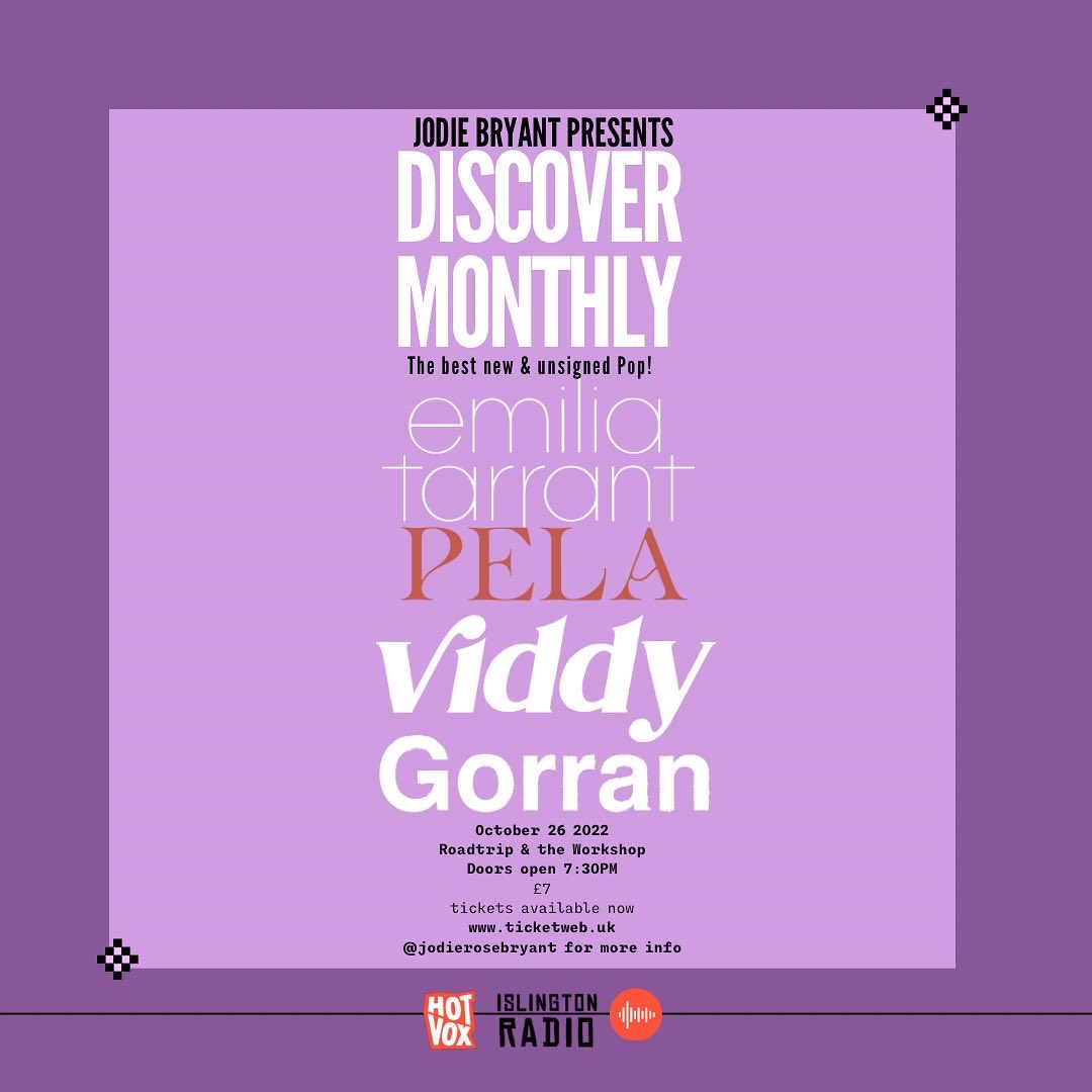 The next Discover Monthly Live tickets are on sale 🚨NOW🚨!! 

This is gonna be a good one so get yourselves down to @roadtripbar on Oct 26th to see the most exciting names in new music ⚡️

<a href="/EmiliaTOfficial/">Emilia Tarrant</a>
<a href="/this_is_pela/">PELA</a> 
<a href="/viddyband/">viddy</a>
<a href="/_Gorran/">Gorran</a> 

Link in my bio! C u there ✨