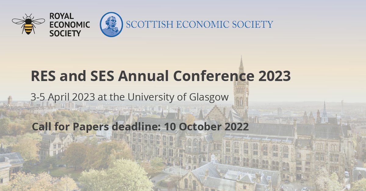 🚨🚨REMINDER - Submissions for the RES & @ScotEconSoc joint Conference 2023 call for papers is closing on Monday!

Apply today to present your paper at next year’s conference @UofGlasgow.

More info👉bit.ly/3QI35Da
#EconTwitter #RESConference #economicsconference