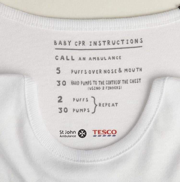 Well done @Tesco and @stjohnambulance. Fantastic innovation printed onto baby vests. #babyCPR.