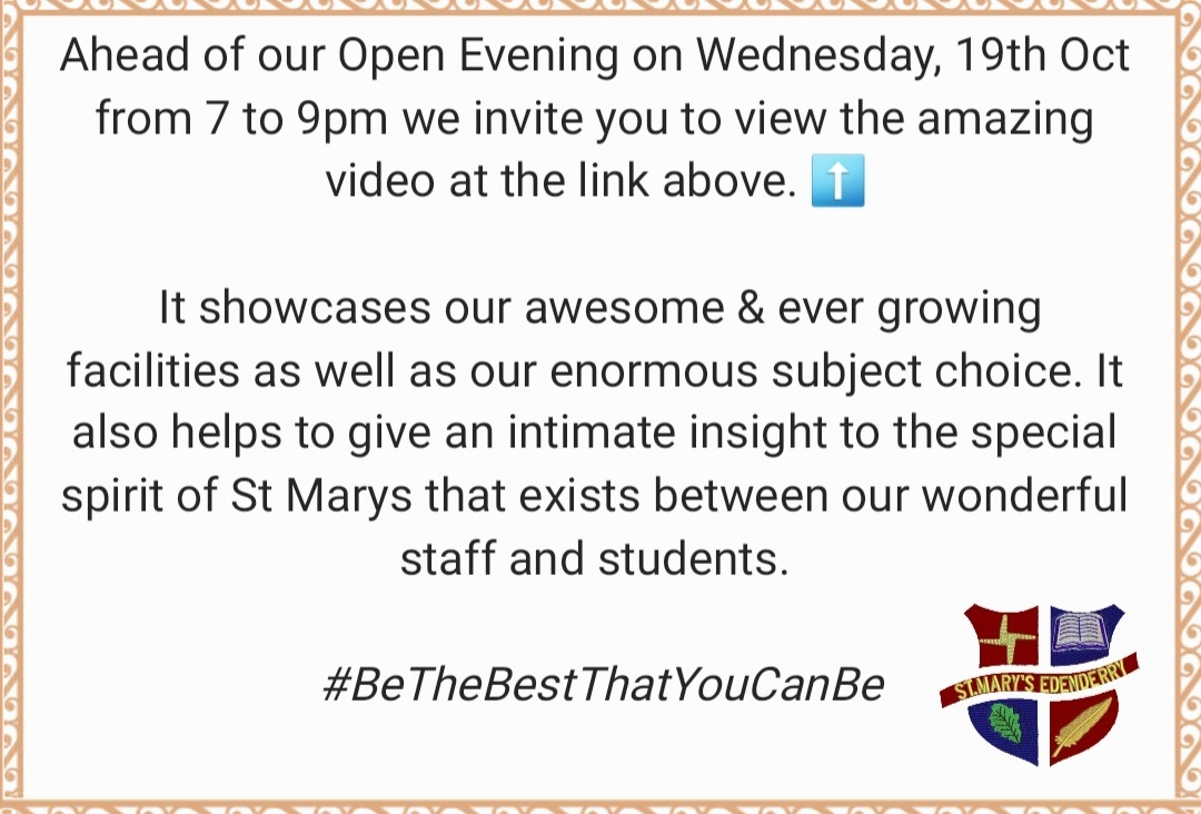 We invite you to view our amazing school video @ vimeo.com/620894336 and to check out our website at stmarysedenderry.ie #OpenEvening